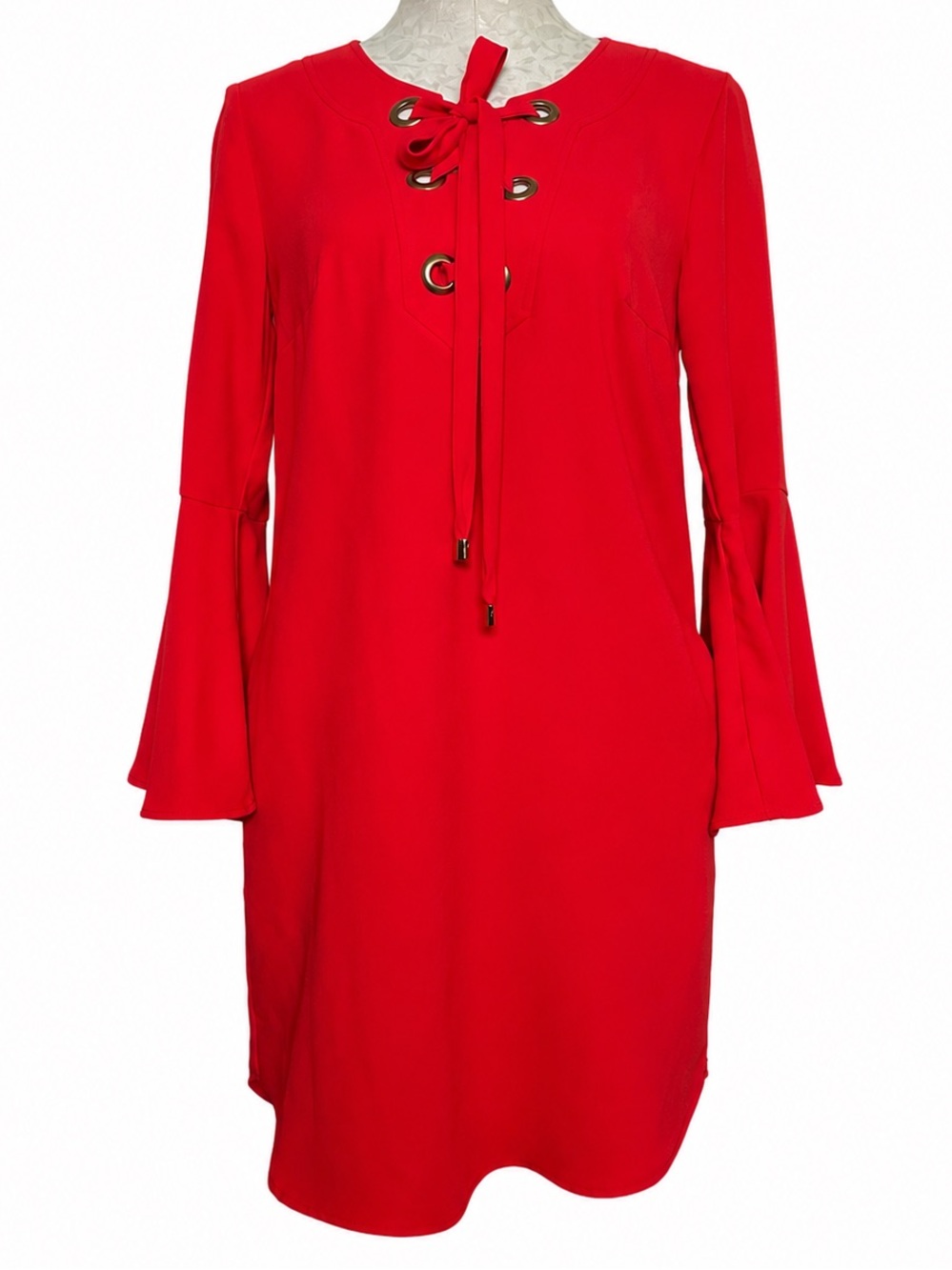 Trina Turk Orange Red Lace-Up Shift Dress Bell Sleeve Size 4